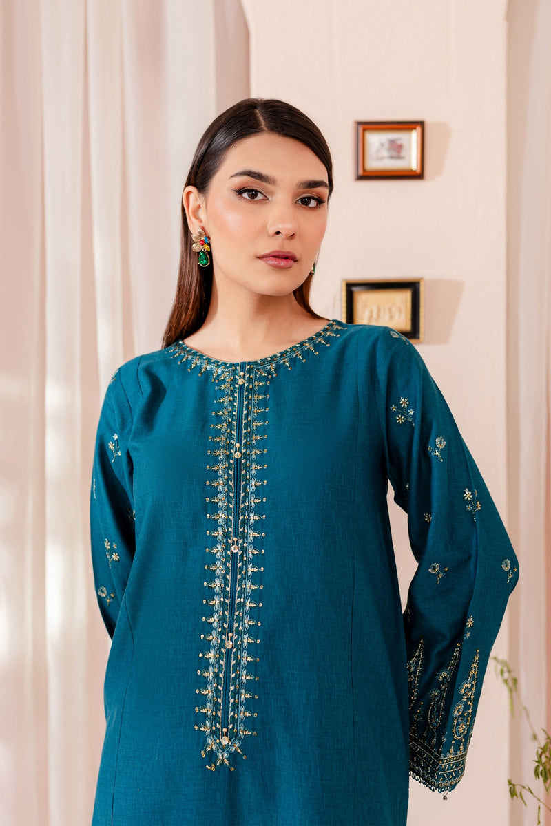 Winter - Best Selling - Teal Dust - Stitched 2Pc Embroidered Dress