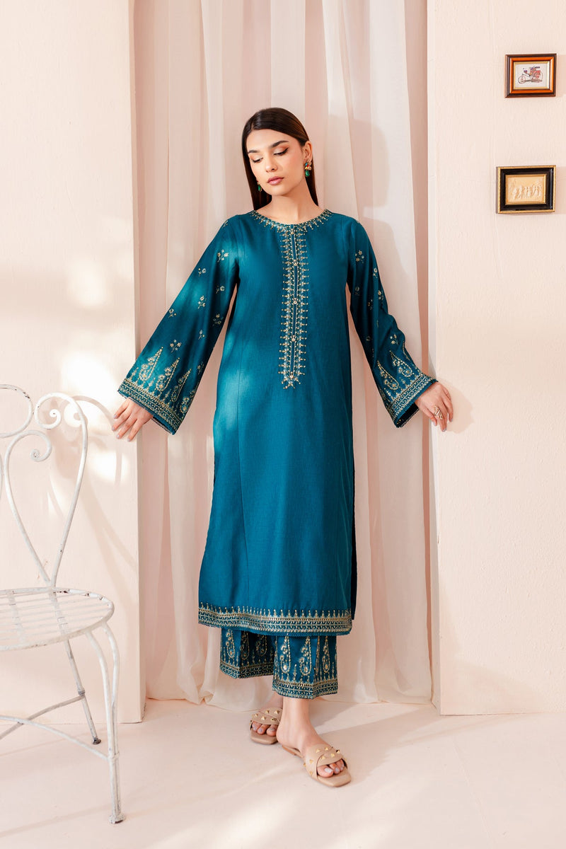 Winter - Best Selling - Teal Dust - Stitched 2Pc Embroidered Dress